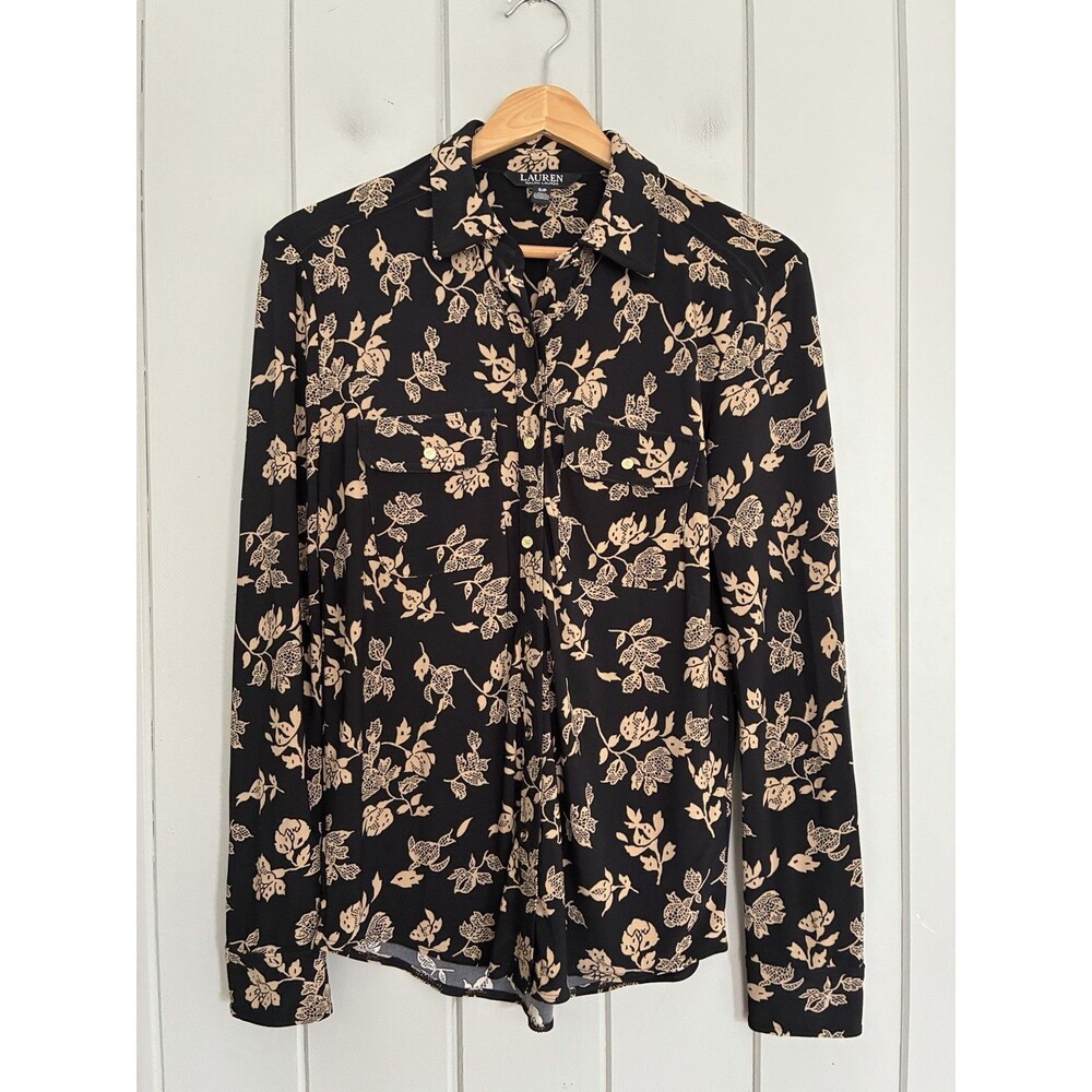 Lauren Ralph Lauren Slinky Knit Blouse S Small Button Up Black Tan Floral Collar